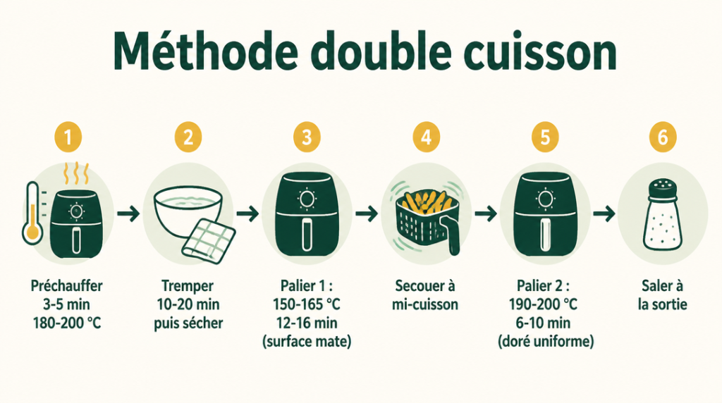 Schéma de la double cuisson en air fryer avec étapes clés et températures