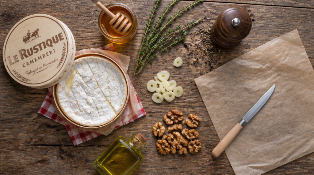 Ingrédients camembert au four : miel, thym, poivre, ail, noix