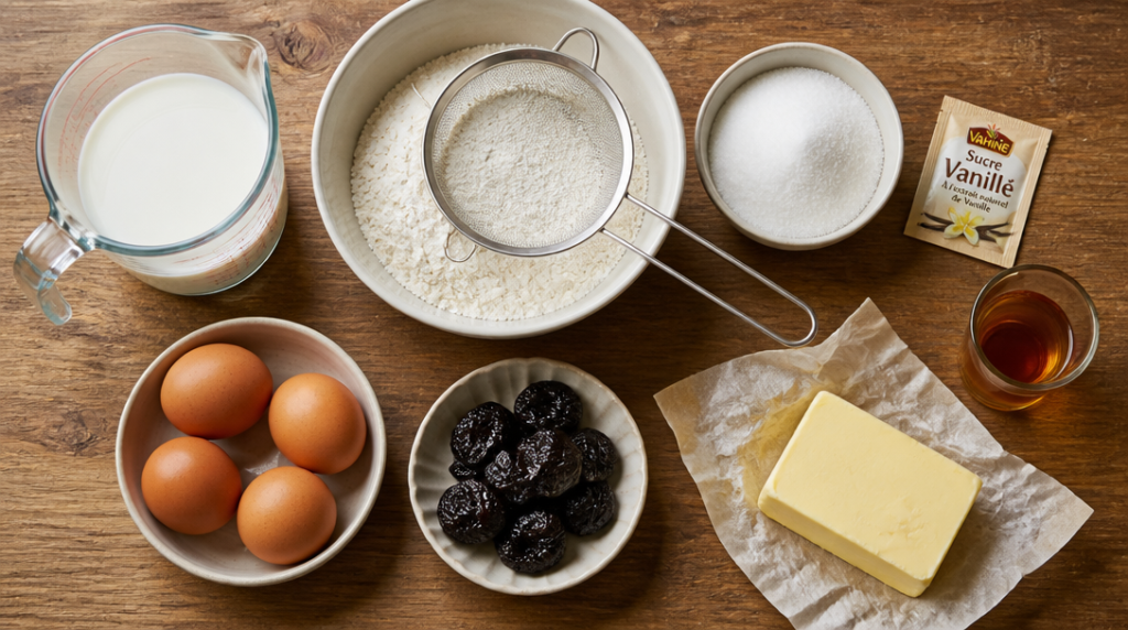 Ingrédients pour far breton traditionnel avec lait entier et beurre demi-sel