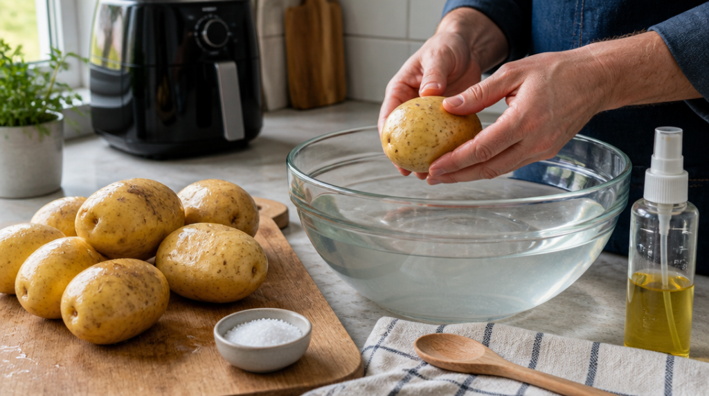 Pommes de terre, eau froide, torchon et spray d’huile pour frites maison