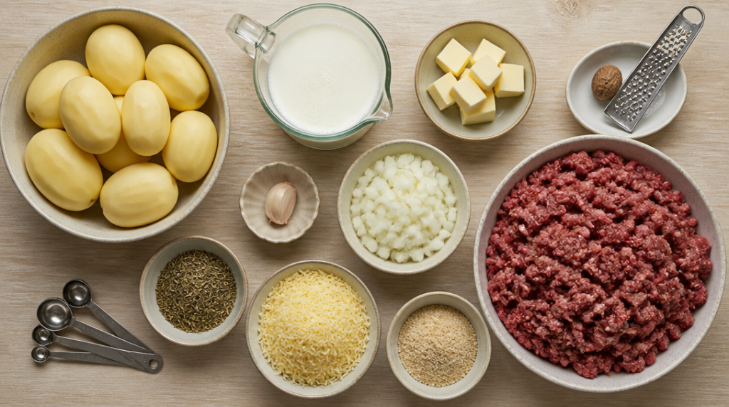 Pommes de terre, bœuf haché, lait, comté et muscade