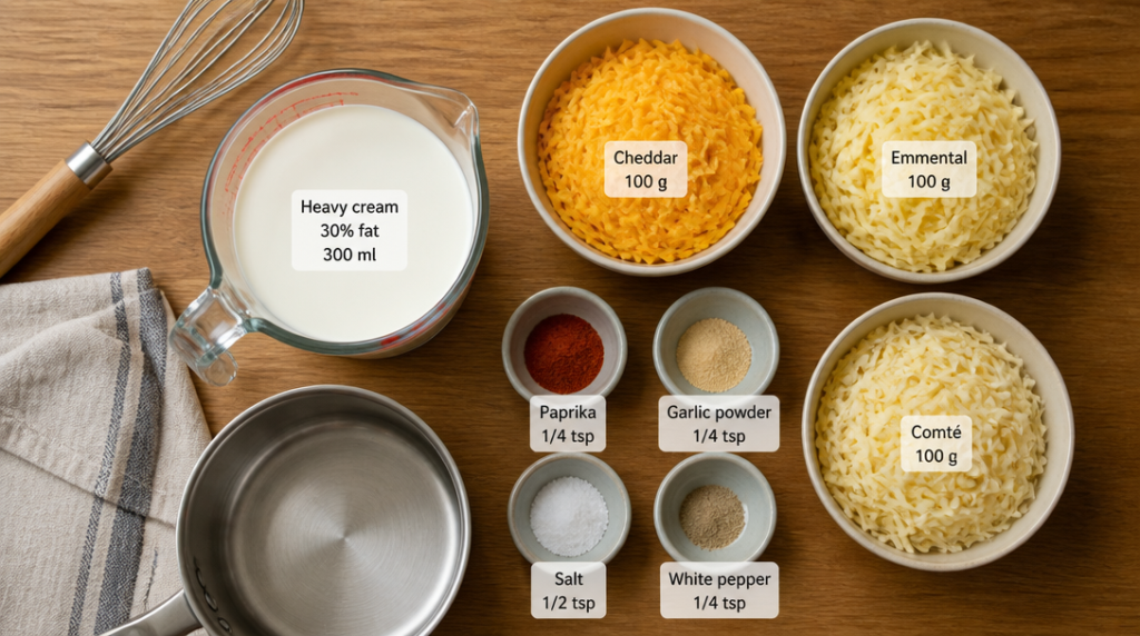 Crème 30 %, cheddar, emmental, comté prêts à l’emploi