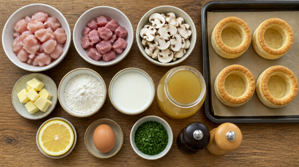 Ingrédients mesurés pour vol-au-vent traditionnel, 4 personnes