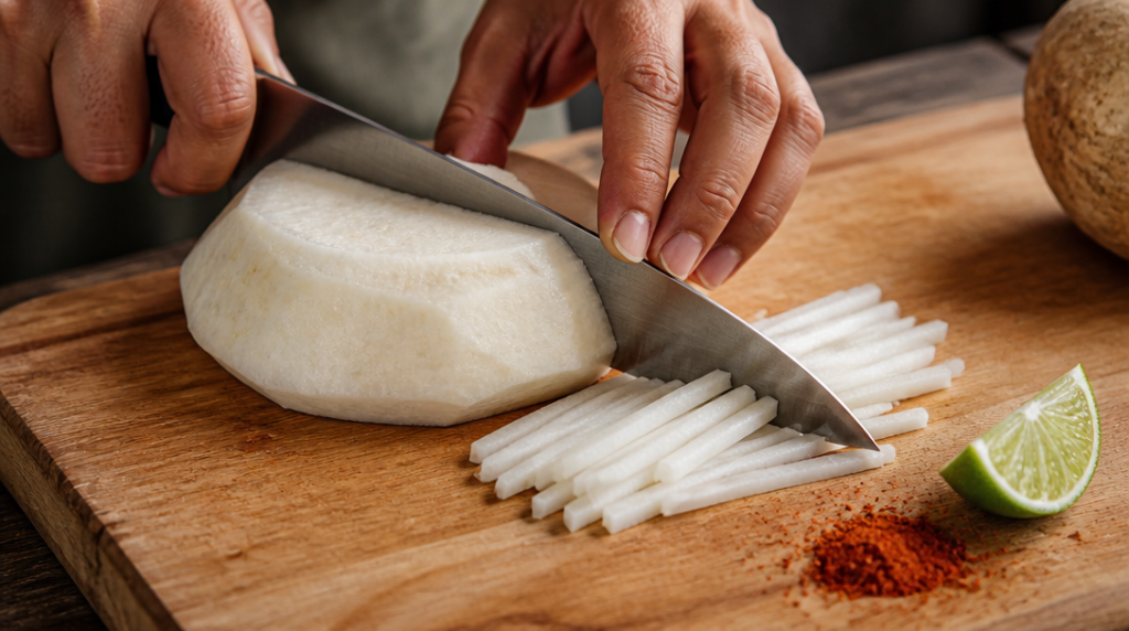 Jícama, légume racine en J, taillé en julienne