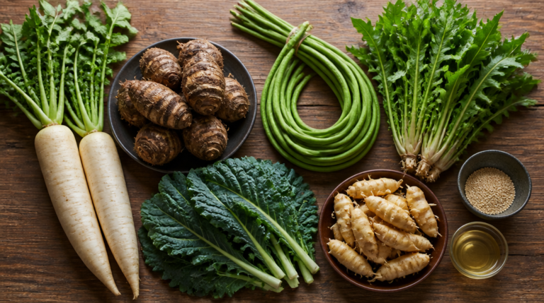 Assortiment de légumes en D : daikon, dachine, dolique, pissenlit
