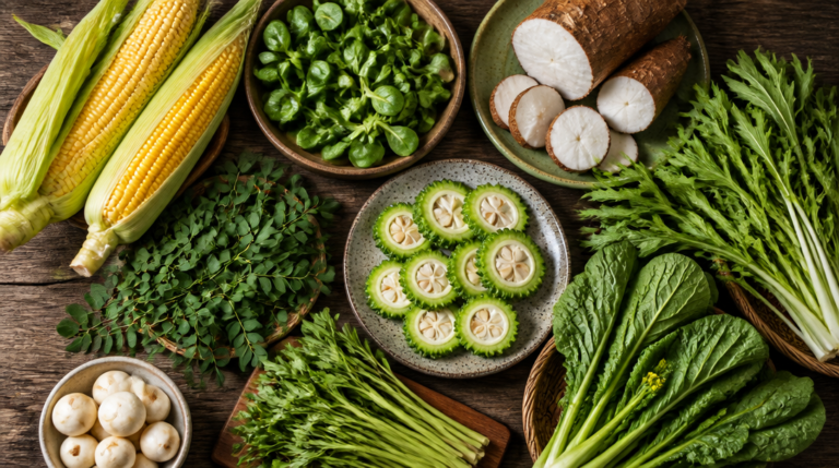 Assortiment de légumes en M sur table rustique