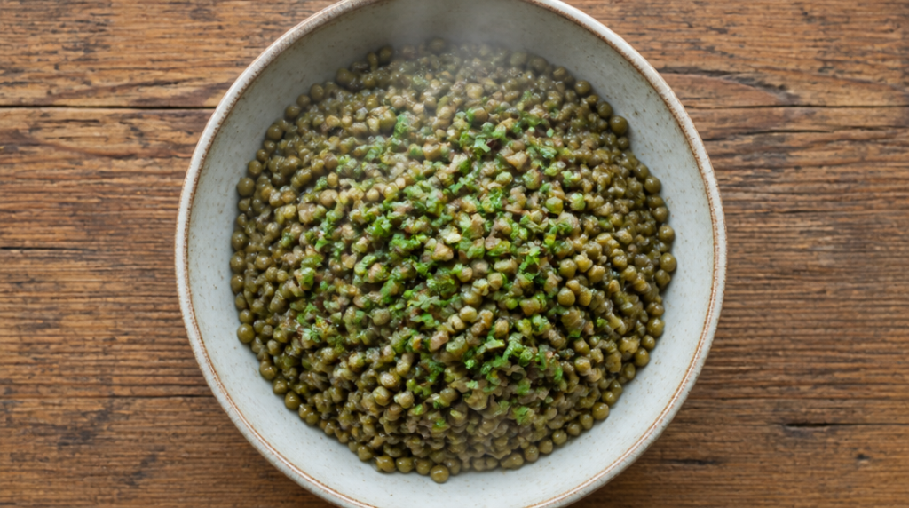 Assiette de lentilles cuites, protéines végétales et fibres