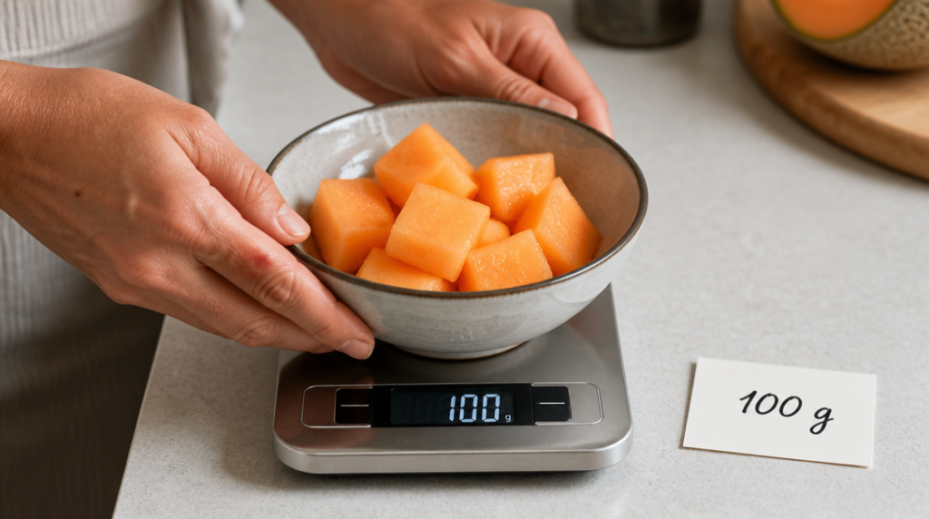 Cubes de melon pesés à 100 g sur balance de cuisine