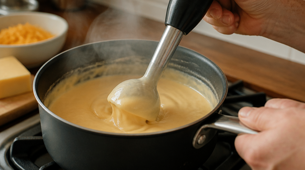Mixeur plongeant lissant la sauce fromage anti-grumeaux