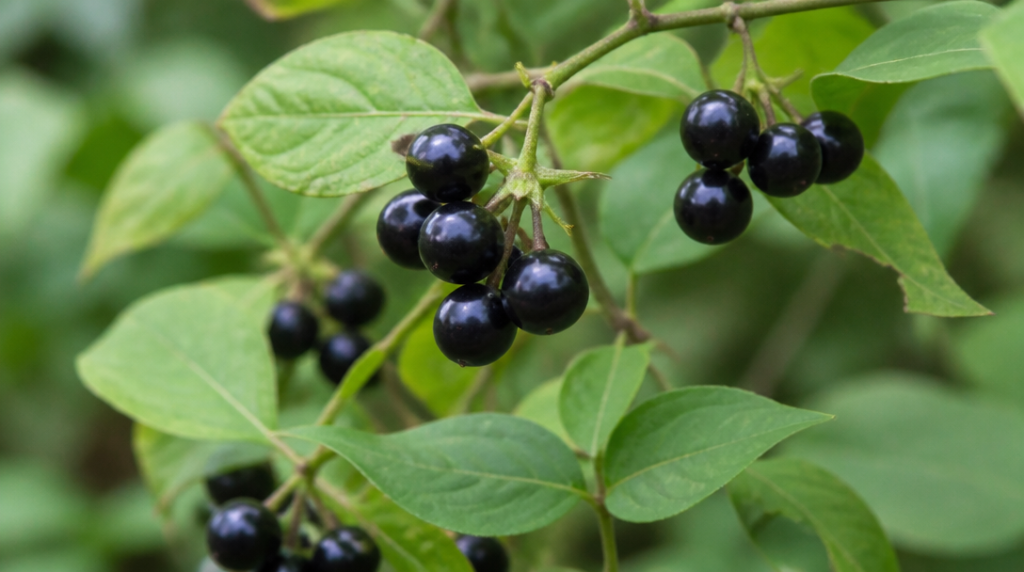 Baies de morelle noire toxiques sur la plante