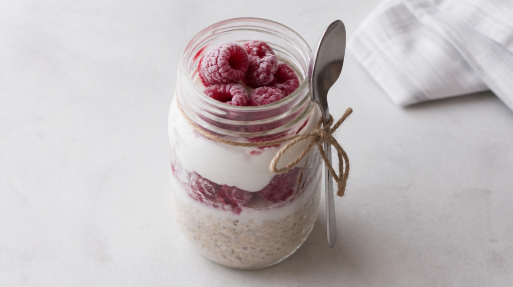 Overnight oats au skyr et framboises, prêt à emporter