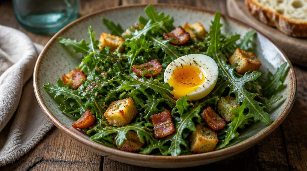 Salade de pissenlit amère adoucie par gras et acide