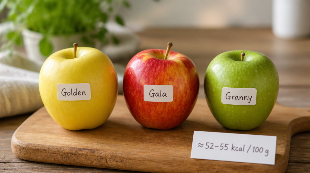 Golden, Gala et Granny côte à côte, repère kcal 100 g