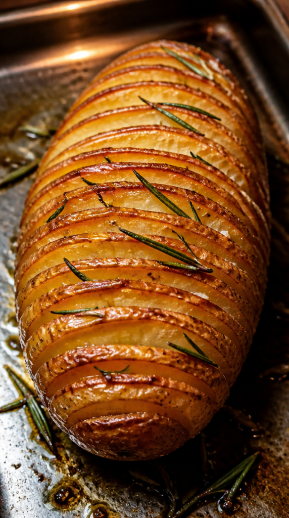 Pomme de terre hasselback tranchée finement avec dorure progressive