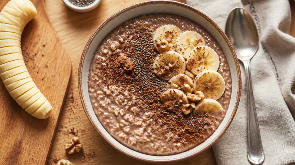 Porridge protéiné banane cacao avec graines de chia, IG bas