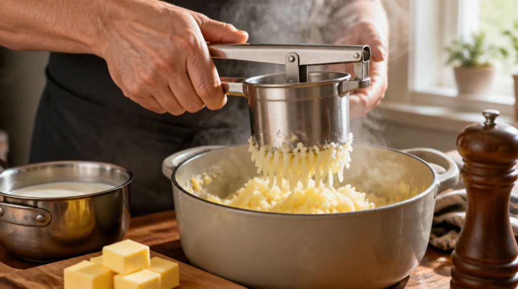 Presse-purée, lait chaud et beurre pour purée onctueuse