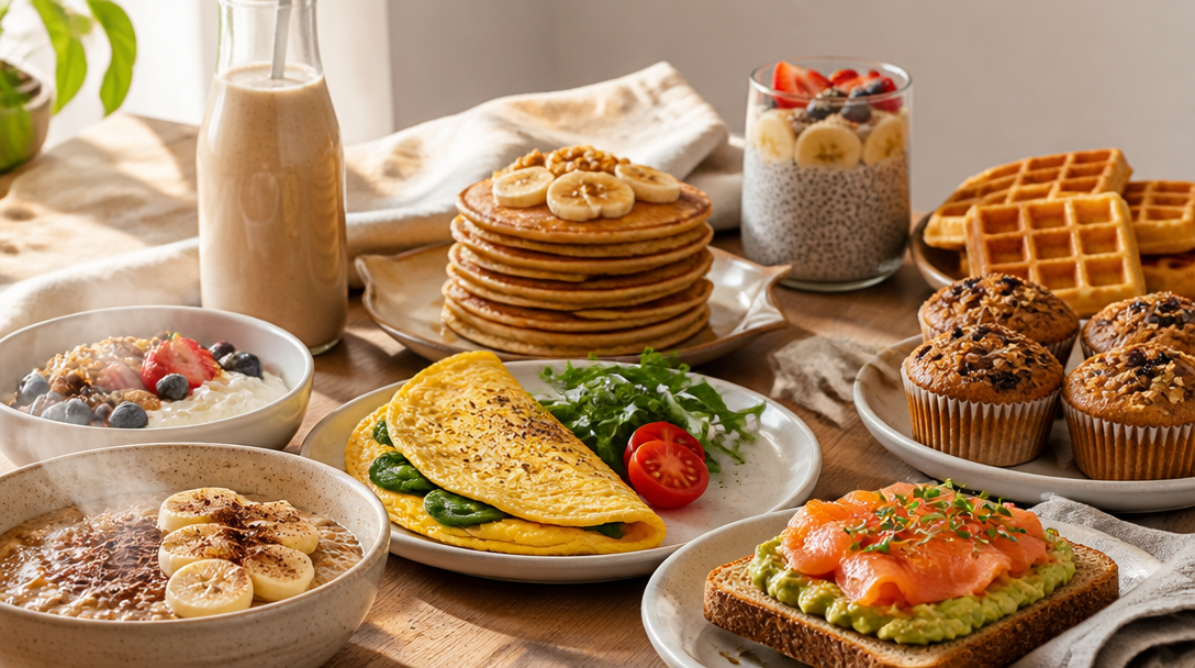 Assortiment de recettes de petit déjeuner protéiné, sucré et salé
