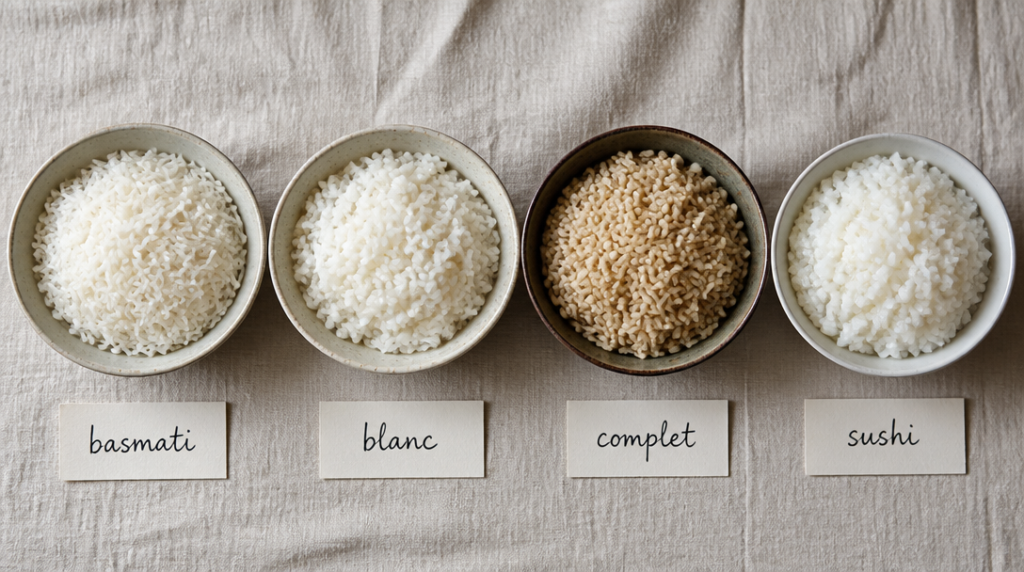 Bols de riz basmati, blanc, complet et sushi cuits