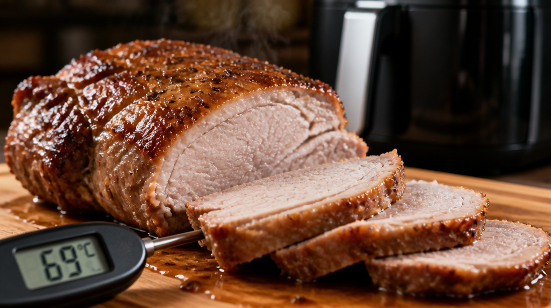 Rôti de porc à l’air fryer tranché, croûte dorée, sonde