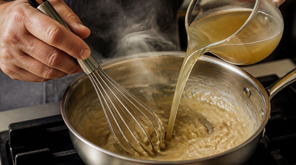 Roux blond pour velouté, bouillon ajouté au fouet