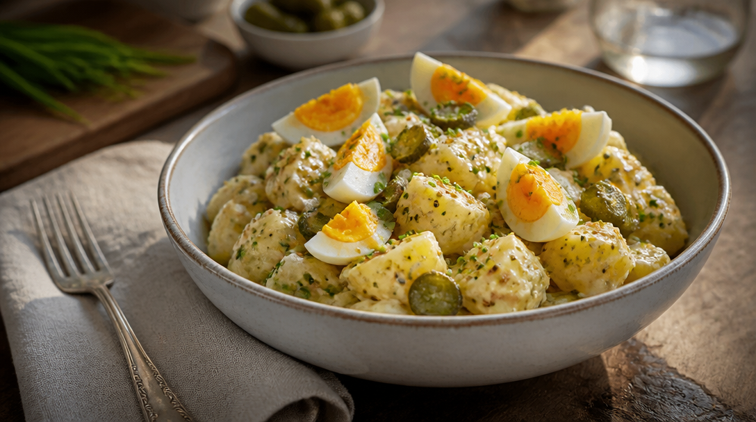 Salade de pommes de terre façon grand-mère, œufs et ciboulette