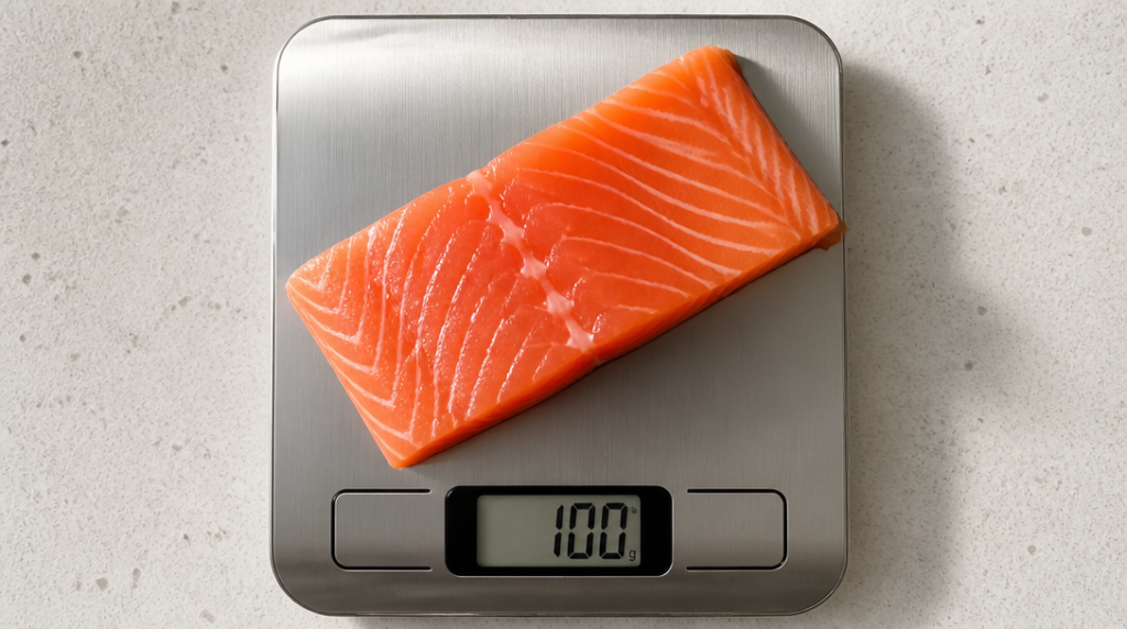 Calories saumon cru 100 g mesurées sur balance