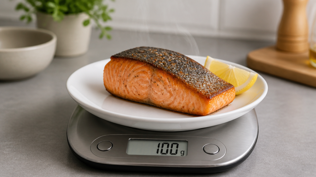 Saumon cuit 100 g sur balance, peau dorée et vapeur