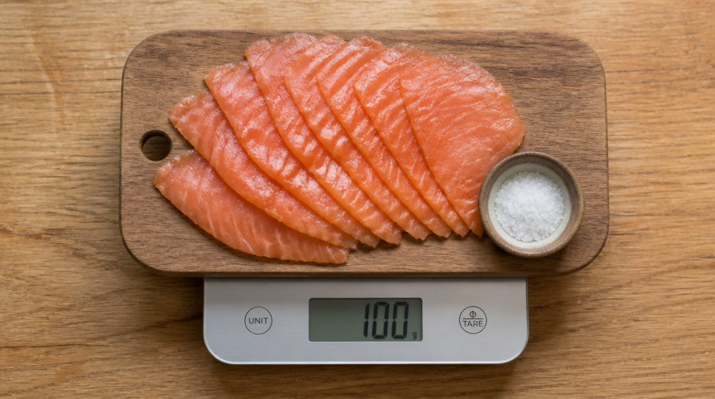 Saumon fumé 100 g pesé, bol de sel à proximité