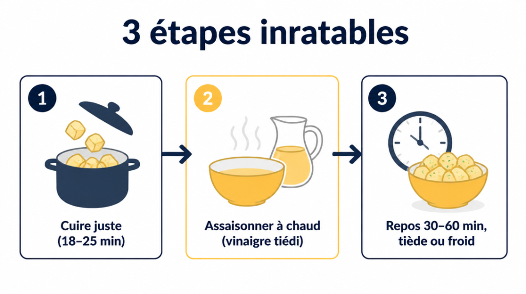 Schéma des 3 étapes&nbsp;: cuire, assaisonner à chaud, repos