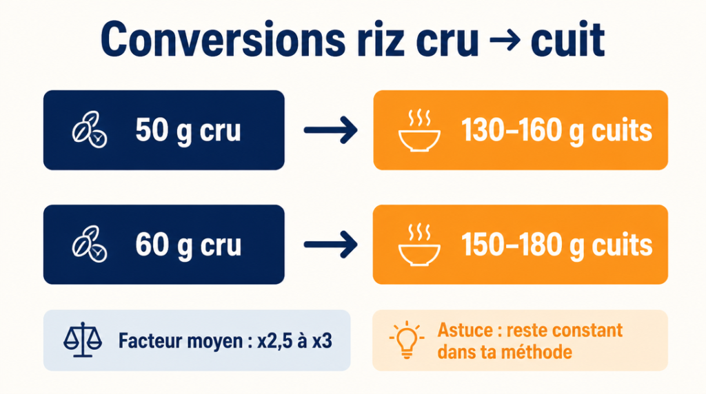 Conversion 50 g riz cru en grammes cuits