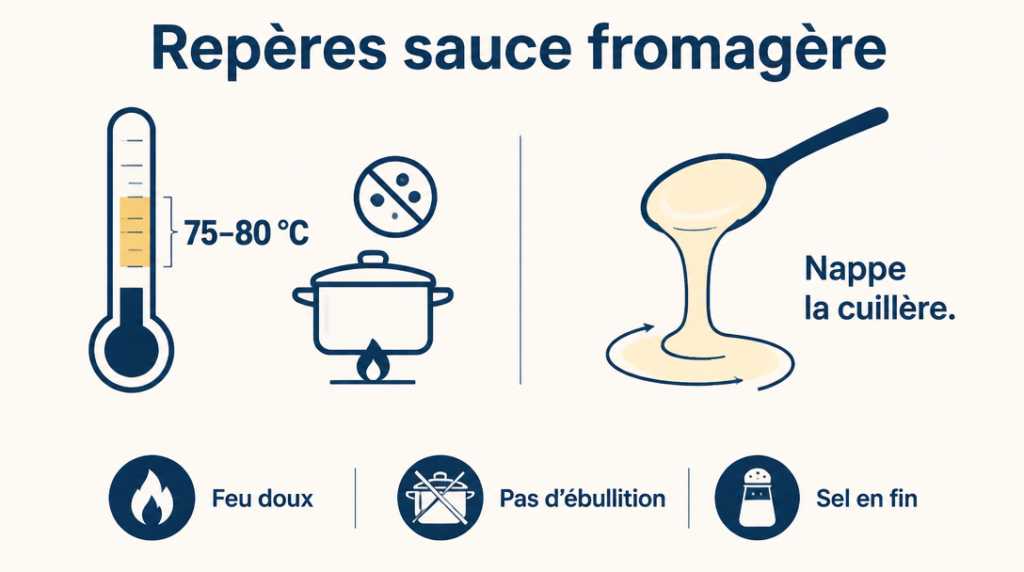 Repères 75-80 °C et nappe cuillère pour sauce fromage
