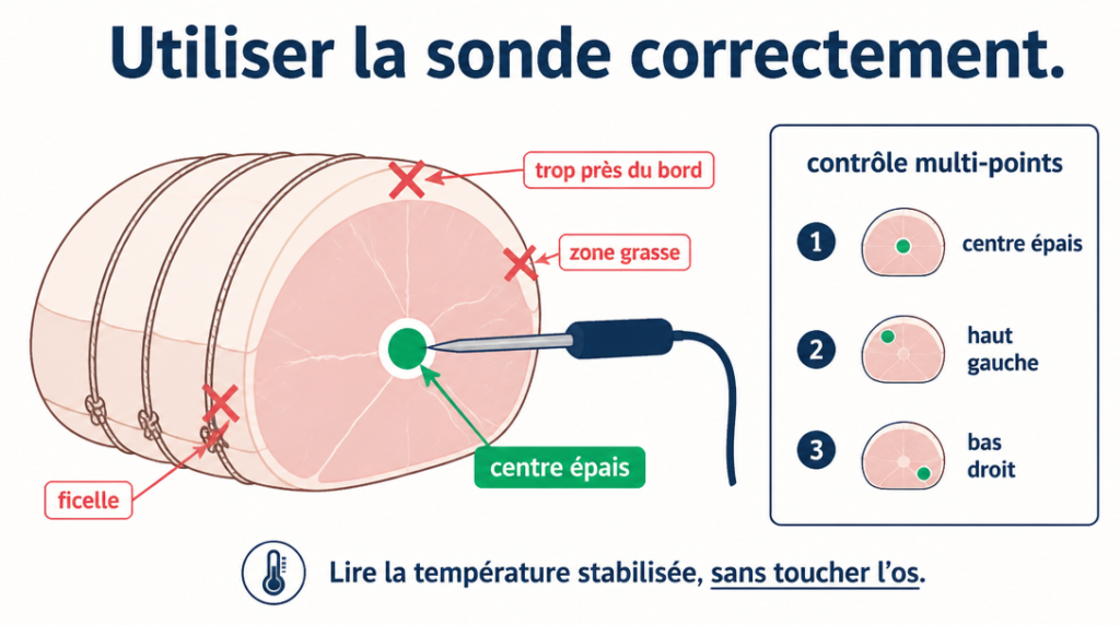 Schéma de placement de la sonde au centre du rôti de porc