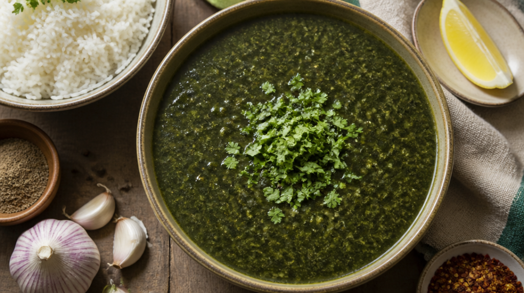 Soupe verte molokhia aux feuilles de jute et riz