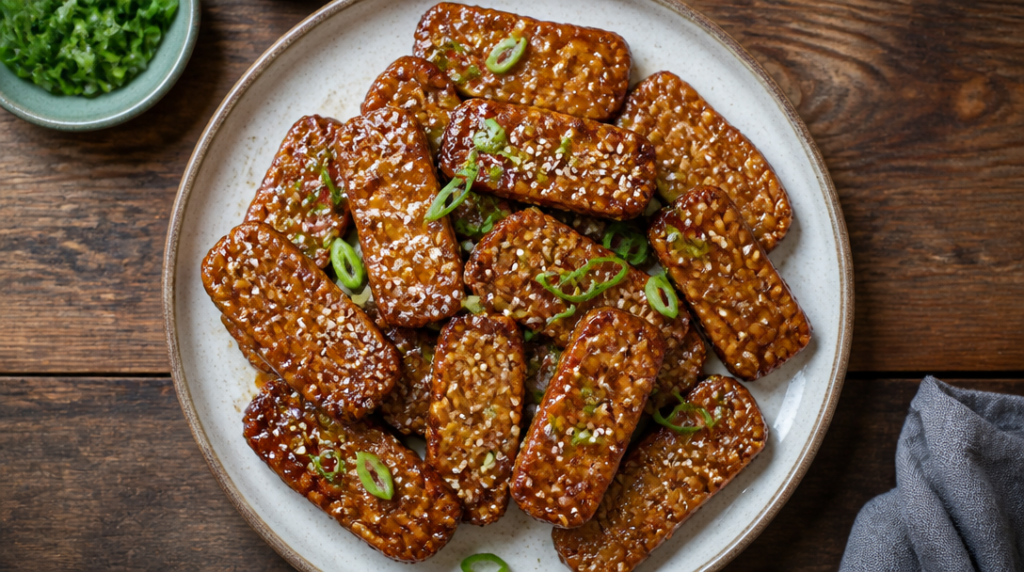 Tranches de tempeh caramélisées, protéines végétales fermentées
