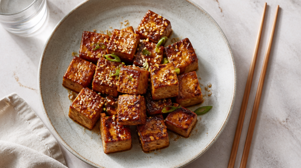 Tofu ferme mariné et poêlé, riche en protéines