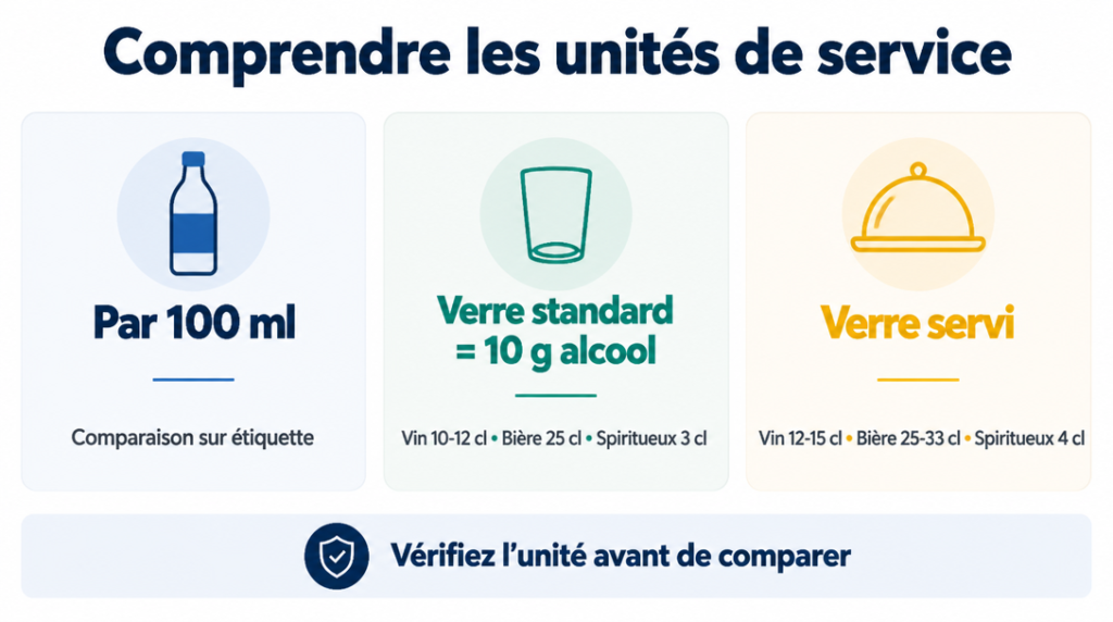 Comparatif par 100 ml, verre standard 10 g et verre servi au bar
