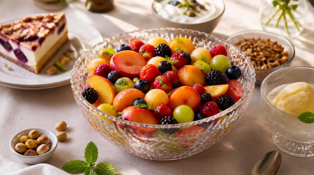 Accompagnement pour une salade de fruits avec gâteau et toppings