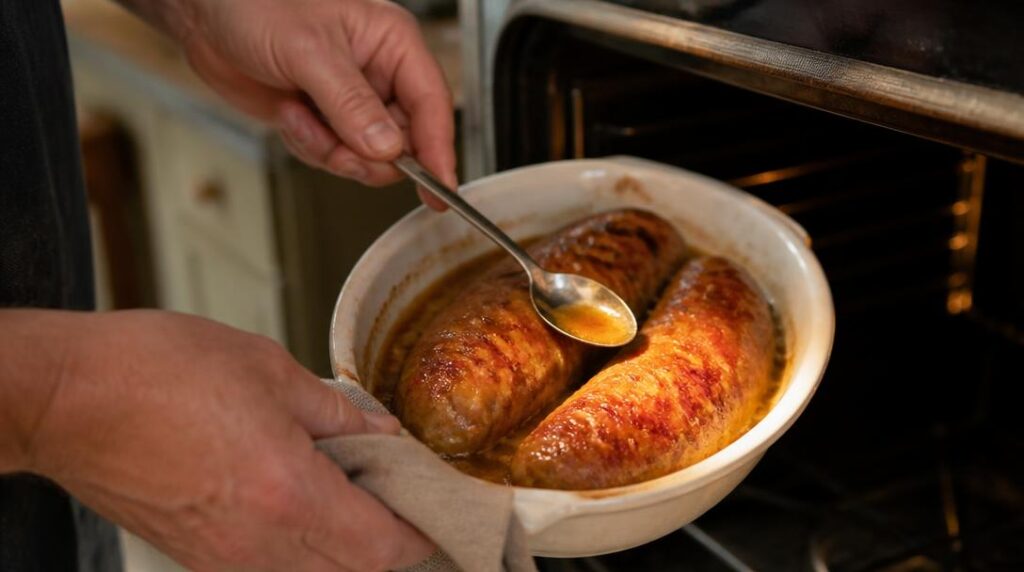 Arrosage des andouillettes pendant la cuisson au four