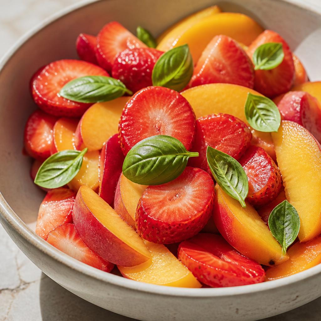 Basilic frais avec fraises et pêches