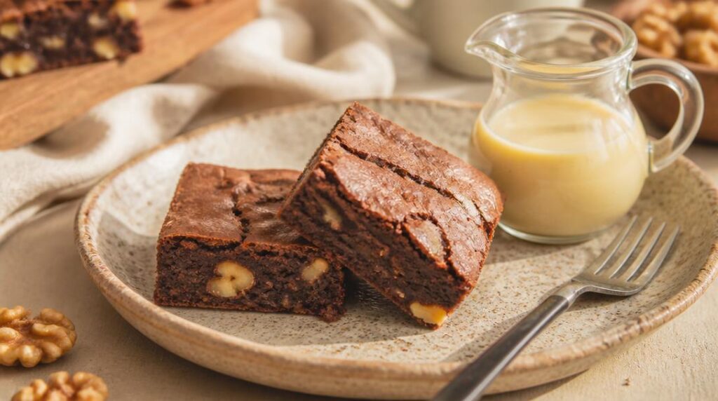 Brownies aux noix avec crème anglaise
