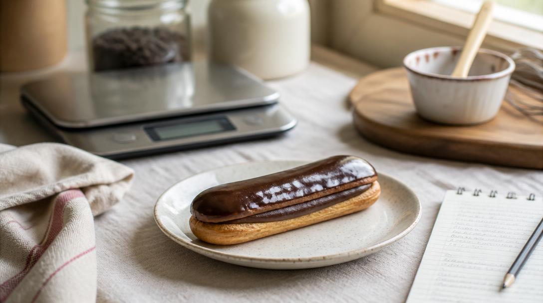 Calories d'un éclair au chocolat sur une assiette