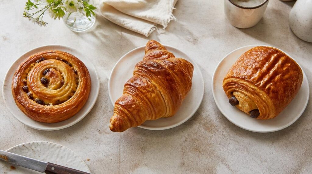 Pain aux raisins, croissant et pain au chocolat