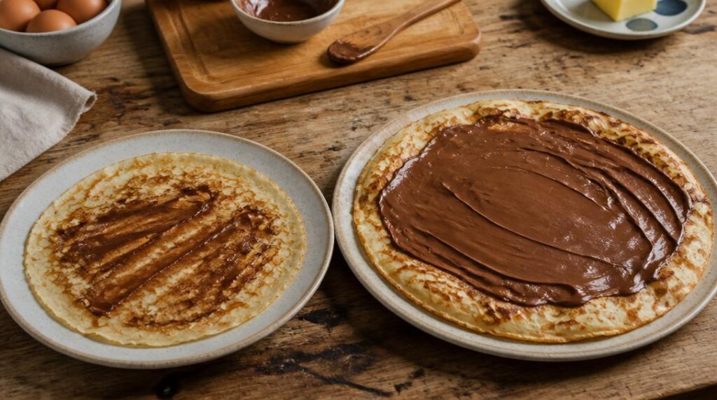 Crêpe maison et grande portion de crêpe au chocolat