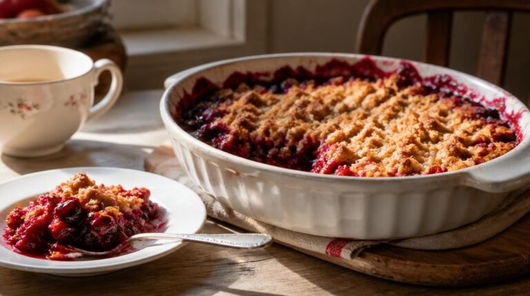Crumble aux fruits rouges doré dans un plat