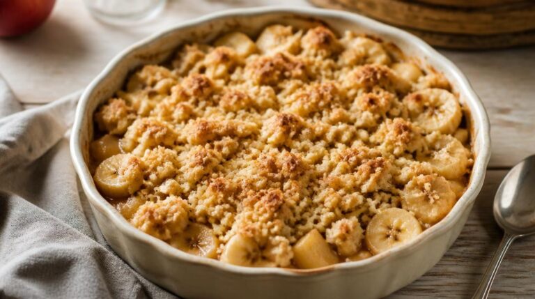Crumble pomme-banane doré à la cannelle