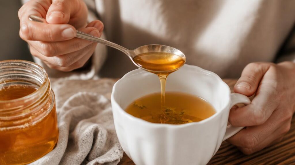 Cuillère à café de miel pour une boisson chaude
