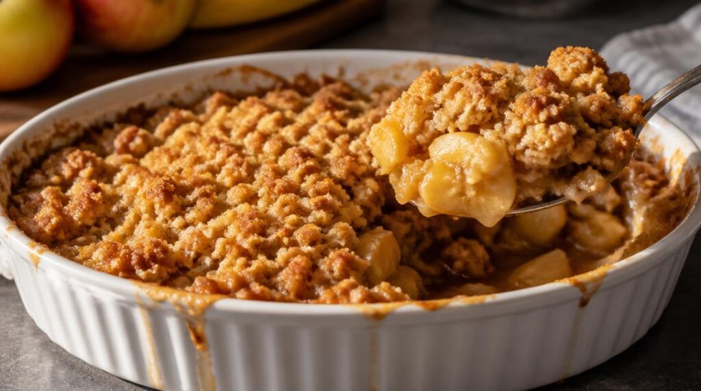 Croûte dorée d'un crumble pomme banane maison