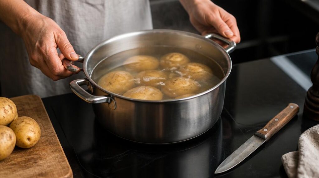Pommes de terre en cuisson à l'eau froide salée