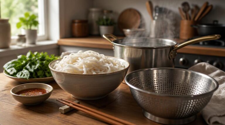 Cuisson des nouilles de riz dans une cuisine lumineuse