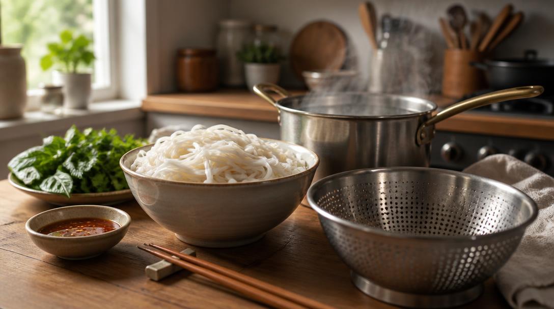 Cuisson des nouilles de riz dans une cuisine lumineuse